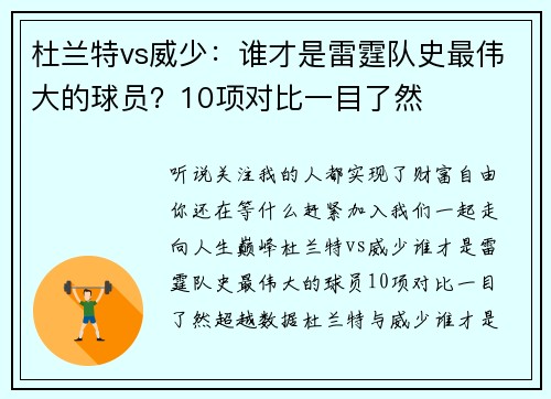 杜兰特vs威少：谁才是雷霆队史最伟大的球员？10项对比一目了然